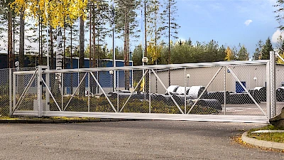 Closed sliding gate in Industrial estate.